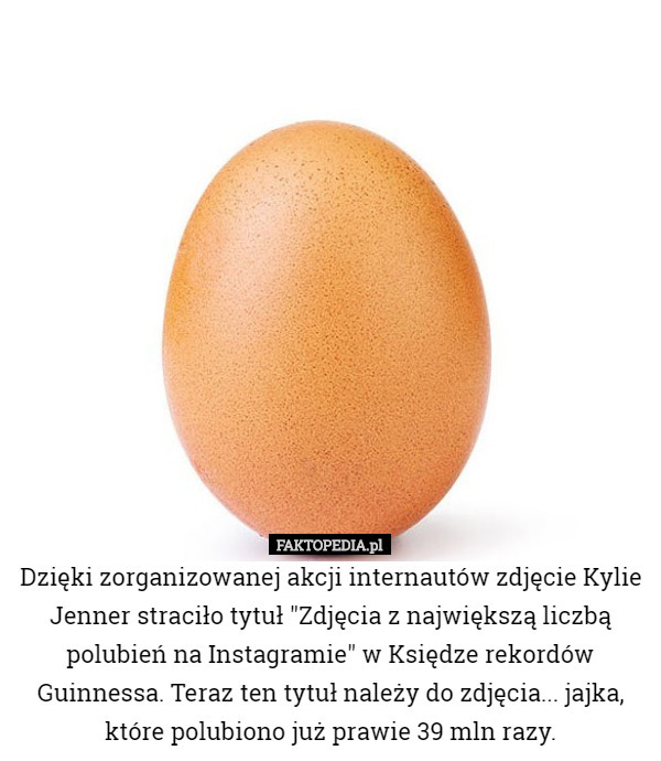 Dzięki zorganizowanej akcji internautów zdjęcie Kylie Jenner straciło tytuł "Zdjęcia z największą liczbą polubień na Instagramie" w Księdze rekordów Guinnessa. Teraz ten tytuł należy do zdjęcia... jajka, które polubiono już prawie 39 mln razy. 