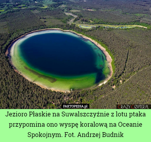 Jezioro Płaskie na Suwalszczyźnie z lotu ptaka przypomina ono wyspę koralową na Oceanie Spokojnym. Fot. Andrzej Budnik 