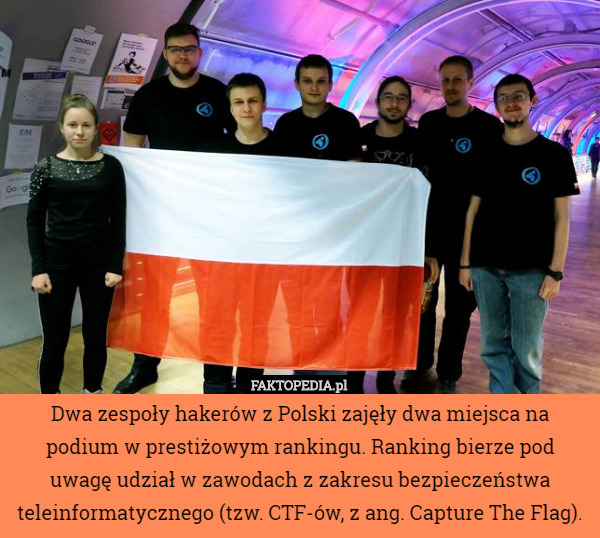 Dwa zespoły hakerów z Polski zajęły dwa miejsca na podium w prestiżowym rankingu. Ranking bierze pod uwagę udział w zawodach z zakresu bezpieczeństwa teleinformatycznego (tzw. CTF-ów, z ang. Capture The Flag). 