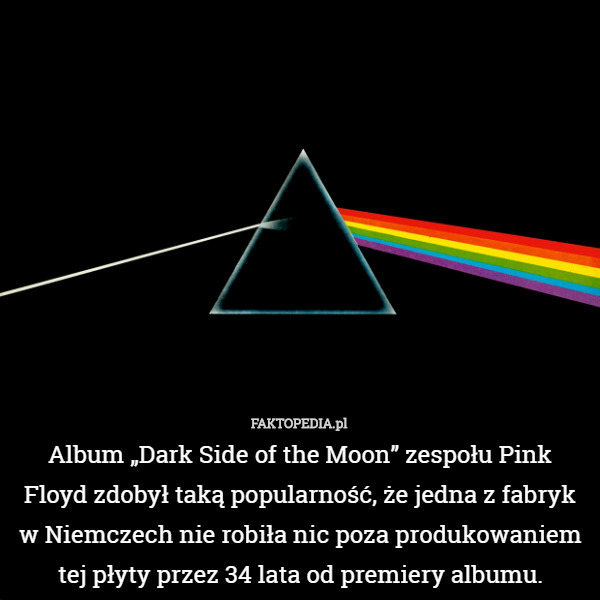 Album „Dark Side of the Moon” zespołu Pink Floyd zdobył taką popularność, że jedna z fabryk w Niemczech nie robiła nic poza produkowaniem tej płyty przez 34 lata od premiery albumu. 