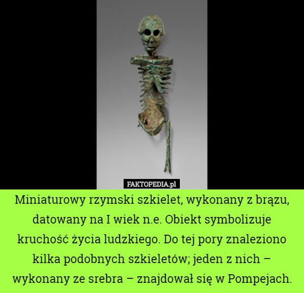Miniaturowy rzymski szkielet, wykonany z brązu, datowany na I wiek n.e. Obiekt symbolizuje kruchość życia ludzkiego. Do tej pory znaleziono kilka podobnych szkieletów; jeden z nich – wykonany ze srebra – znajdował się w Pompejach. 