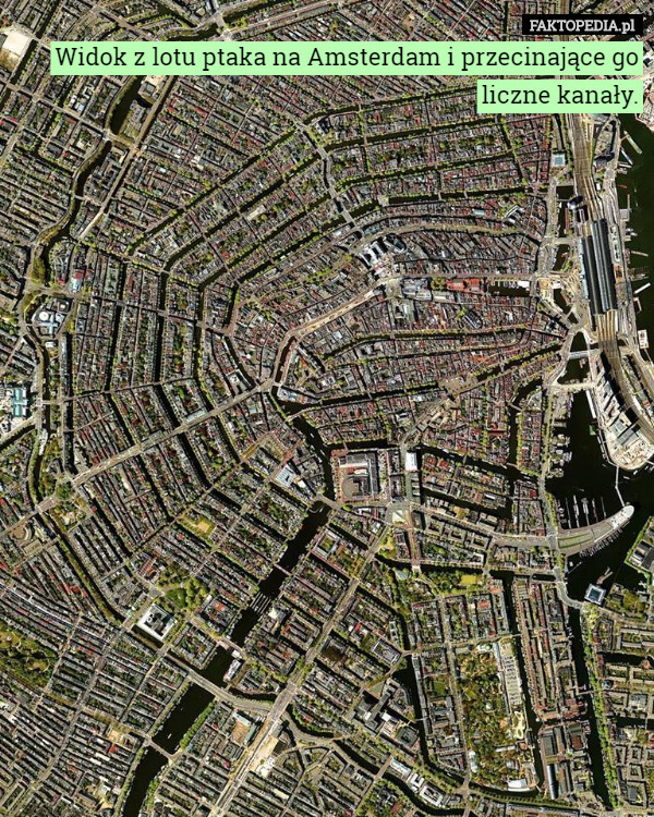 Widok z lotu ptaka na Amsterdam i przecinające go liczne kanały. 
