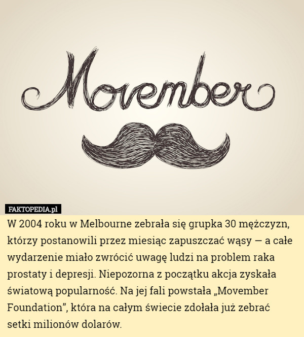 W 2004 roku w Melbourne zebrała się grupka 30 mężczyzn, którzy postanowili przez miesiąc zapuszczać wąsy — a całe wydarzenie miało zwrócić uwagę ludzi na problem raka prostaty i depresji. Niepozorna z początku akcja zyskała światową popularność. Na jej fali powstała „Movember Foundation”, która na całym świecie zdołała już zebrać
 setki milionów dolarów. 