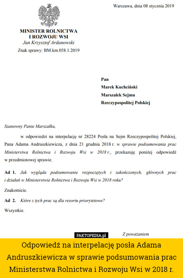 Odpowiedź na interpelację posła Adama Andruszkiewicza w sprawie podsumowania prac Ministerstwa Rolnictwa i Rozwoju Wsi w 2018 r. 