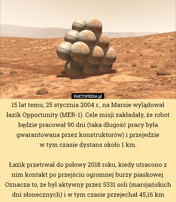 15 lat temu, 25 stycznia 2004 r., na Marsie wylądował łazik Opportunity (MER-1). Cele misji zakładały, że robot będzie pracował 90 dni (taka długość pracy była gwarantowana przez konstruktorów) i przejedzie
 w tym czasie dystans około 1 km.

 Łazik przetrwał do połowy 2018 roku, kiedy utracono z nim kontakt po przejściu ogromnej burzy piaskowej. Oznacza to, że był aktywny przez 5331 soli (marsjańskich dni słonecznych) i w tym czasie przejechał 45,16 km 