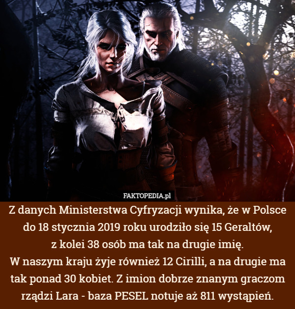 Z danych Ministerstwa Cyfryzacji wynika, że w Polsce do 18 stycznia 2019 roku urodziło się 15 Geraltów,
 z kolei 38 osób ma tak na drugie imię.
 W naszym kraju żyje również 12 Cirilli, a na drugie ma tak ponad 30 kobiet. Z imion dobrze znanym graczom rządzi Lara - baza PESEL notuje aż 811 wystąpień. 