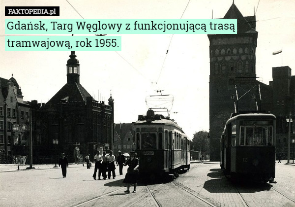 Gdańsk, Targ Węglowy z funkcjonującą trasą tramwajową, rok 1955. 