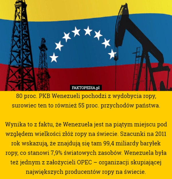 80 proc. PKB Wenezueli pochodzi z wydobycia ropy, surowiec ten to również 55 proc. przychodów państwa.

 Wynika to z faktu, że Wenezuela jest na piątym miejscu pod względem wielkości złóż ropy na świecie. Szacunki na 2011 rok wskazują, że znajdują się tam 99,4 miliardy baryłek ropy, co stanowi 7,9% światowych zasobów. Wenezuela była też jednym z założycieli OPEC – organizacji skupiającej największych producentów ropy na świecie. 