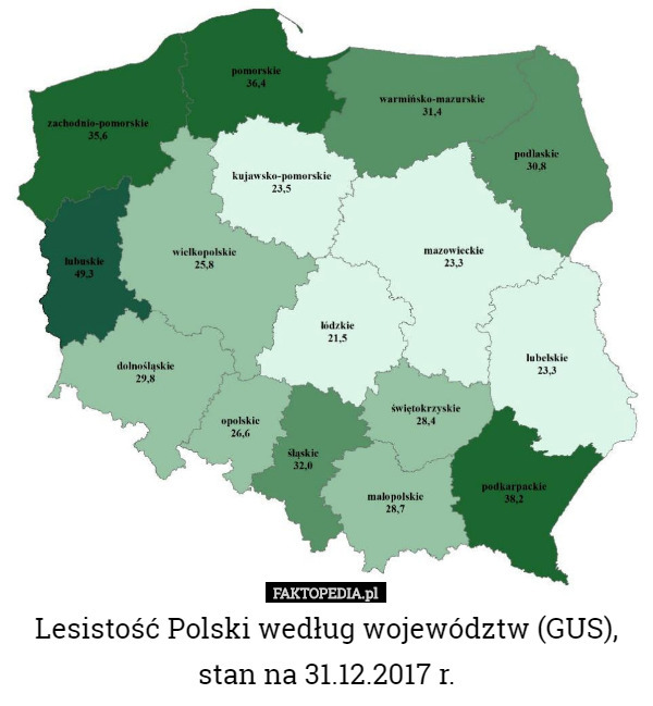 Lesistość Polski według województw (GUS), stan na 31.12.2017 r. 