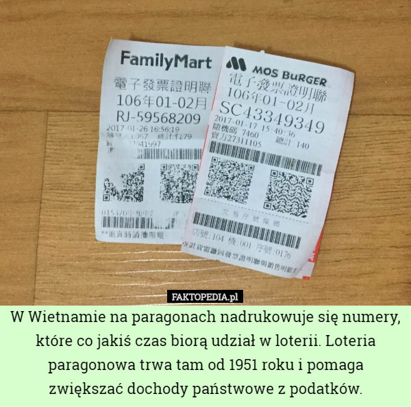W Wietnamie na paragonach nadrukowuje się numery, które co jakiś czas biorą udział w loterii. Loteria paragonowa trwa tam od 1951 roku i pomaga zwiększać dochody państwowe z podatków. 