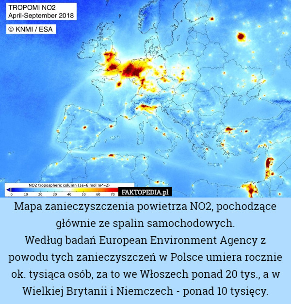 Mapa zanieczyszczenia powietrza NO2, pochodzące głównie ze spalin samochodowych.
Według badań European Environment Agency z powodu tych zanieczyszczeń w Polsce umiera rocznie ok. tysiąca osób, za to we Włoszech ponad 20 tys., a w Wielkiej Brytanii i Niemczech - ponad 10 tysięcy. 
