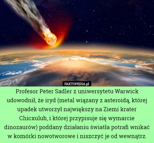 Profesor Peter Sadler z uniwersytetu Warwick udowodnił, że iryd (metal wiązany z asteroidą, której upadek utworzył największy na Ziemi krater Chicxulub, i której przypisuje się wymarcie dinozaurów) poddany działaniu światła potrafi wnikać w komórki nowotworowe i niszczyć je od wewnątrz. 