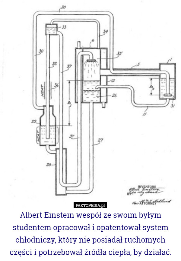 Albert Einstein wespół ze swoim byłym studentem opracował i opatentował system chłodniczy, który nie posiadał ruchomych części i potrzebował źródła ciepła, by działać. 