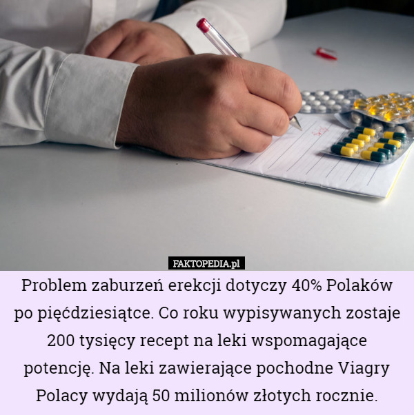 Problem zaburzeń erekcji dotyczy 40% Polaków po pięćdziesiątce. Co roku wypisywanych zostaje 200 tysięcy recept na leki wspomagające potencję. Na leki zawierające pochodne Viagry Polacy wydają 50 milionów złotych rocznie. 