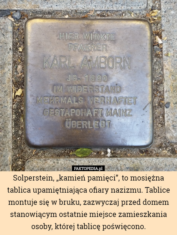 Solperstein, „kamień pamięci”, to mosiężna tablica upamiętniająca ofiary nazizmu. Tablice montuje się w bruku, zazwyczaj przed domem stanowiącym ostatnie miejsce zamieszkania osoby, której tablicę poświęcono. 