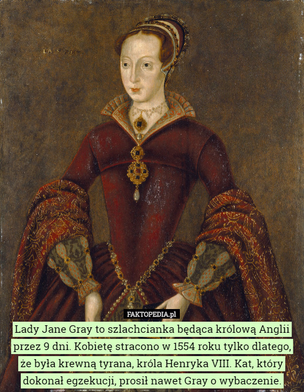 Lady Jane Gray to szlachcianka będąca królową Anglii przez 9 dni. Kobietę stracono w 1554 roku tylko dlatego, że była krewną tyrana, króla Henryka VIII. Kat, który dokonał egzekucji, prosił nawet Gray o wybaczenie. 