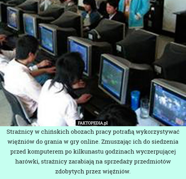 Strażnicy w chińskich obozach pracy potrafią wykorzystywać więźniów do grania w gry online. Zmuszając ich do siedzenia przed komputerem po kilkunastu godzinach wyczerpującej harówki, strażnicy zarabiają na sprzedaży przedmiotów zdobytych przez więźniów. 