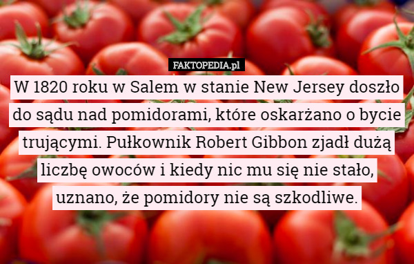 W 1820 roku w Salem w stanie New Jersey doszło do sądu nad pomidorami, które oskarżano o bycie trującymi. Pułkownik Robert Gibbon zjadł dużą liczbę owoców i kiedy nic mu się nie stało, uznano, że pomidory nie są szkodliwe. 