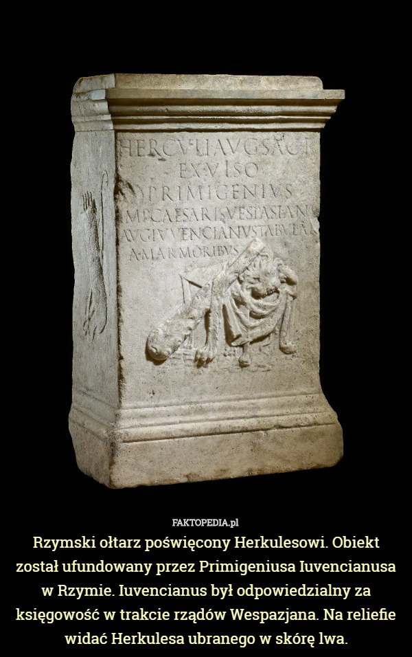 Rzymski ołtarz poświęcony Herkulesowi. Obiekt został ufundowany przez Primigeniusa Iuvencianusa w Rzymie. Iuvencianus był odpowiedzialny za księgowość w trakcie rządów Wespazjana. Na reliefie widać Herkulesa ubranego w skórę lwa. 