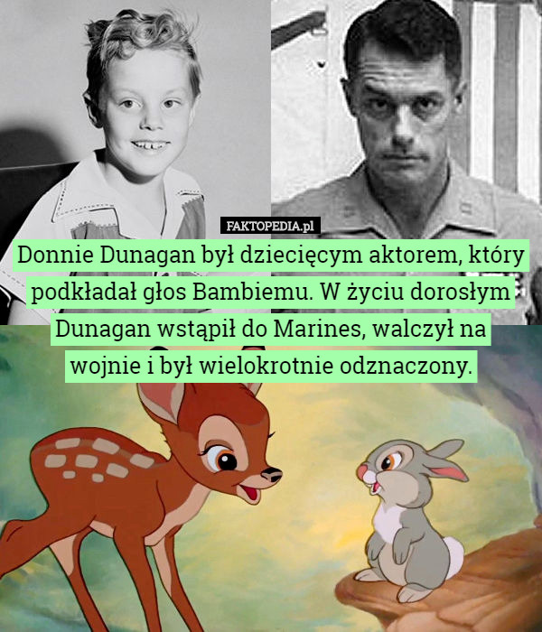 Donnie Dunagan był dziecięcym aktorem, który podkładał głos Bambiemu. W życiu dorosłym Dunagan wstąpił do Marines, walczył na
 wojnie i był wielokrotnie odznaczony. 