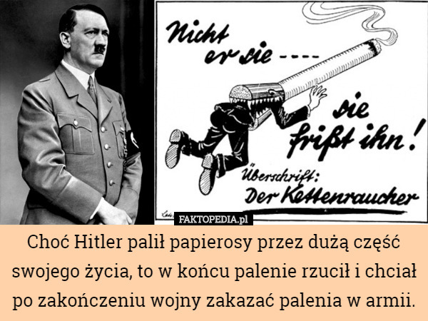 Choć Hitler palił papierosy przez dużą część swojego życia, to w końcu palenie rzucił i chciał po zakończeniu wojny zakazać palenia w armii. 