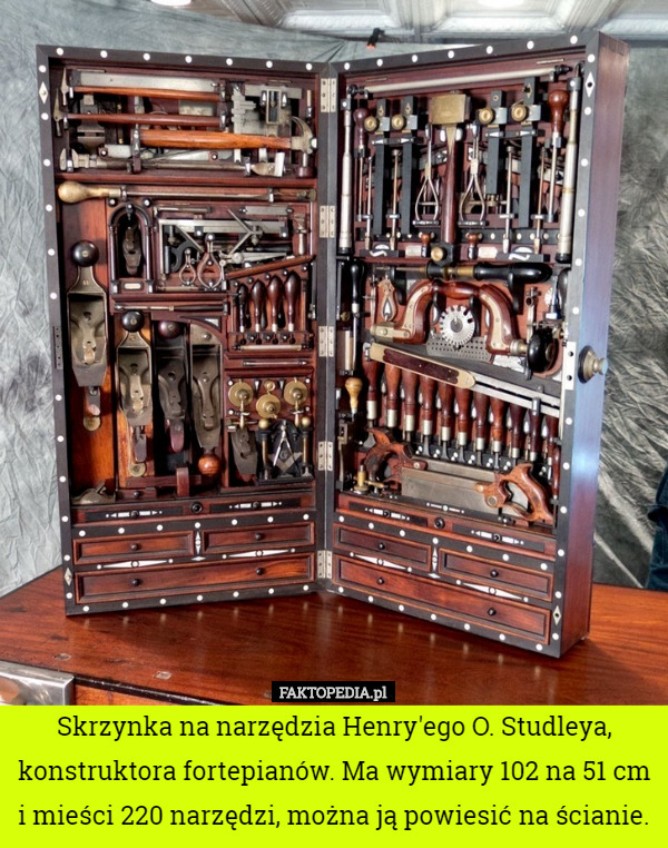 Skrzynka na narzędzia Henry'ego O. Studleya, konstruktora fortepianów. Ma wymiary 102 na 51 cm i mieści 220 narzędzi, można ją powiesić na ścianie. 