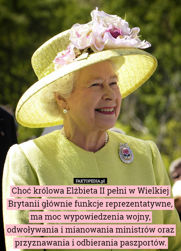 Choć królowa Elżbieta II pełni w Wielkiej Brytanii głównie funkcje reprezentatywne, ma moc wypowiedzenia wojny, odwoływania i mianowania ministrów oraz przyznawania i odbierania paszportów. 