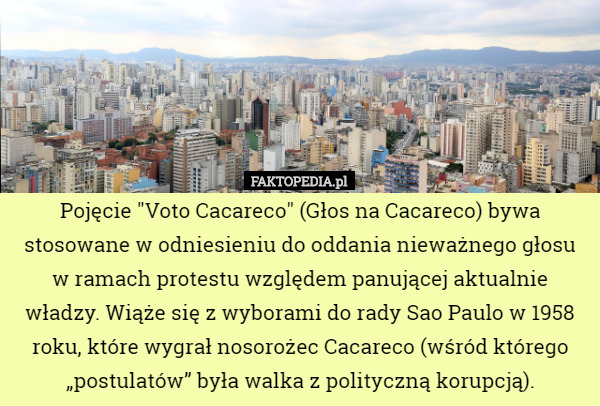 Pojęcie "Voto Cacareco" (Głos na Cacareco) bywa stosowane w odniesieniu do oddania nieważnego głosu w ramach protestu względem panującej aktualnie władzy. Wiąże się z wyborami do rady Sao Paulo w 1958 roku, które wygrał nosorożec Cacareco (wśród którego „postulatów” była walka z polityczną korupcją). 