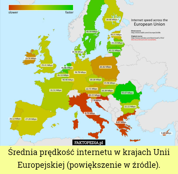 Średnia prędkość internetu w krajach Unii Europejskiej (powiększenie w źródle). 