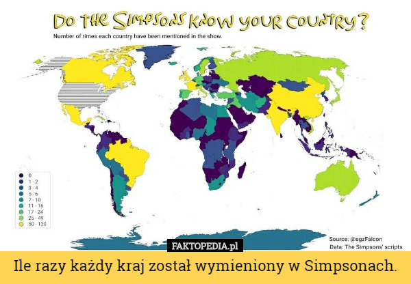 Ile razy każdy kraj został wymieniony w Simpsonach. 