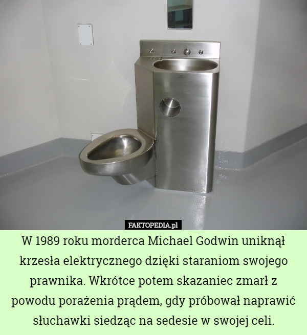 W 1989 roku morderca Michael Godwin uniknął krzesła elektrycznego dzięki staraniom swojego prawnika. Wkrótce potem skazaniec zmarł z powodu porażenia prądem, gdy próbował naprawić słuchawki siedząc na sedesie w swojej celi. 