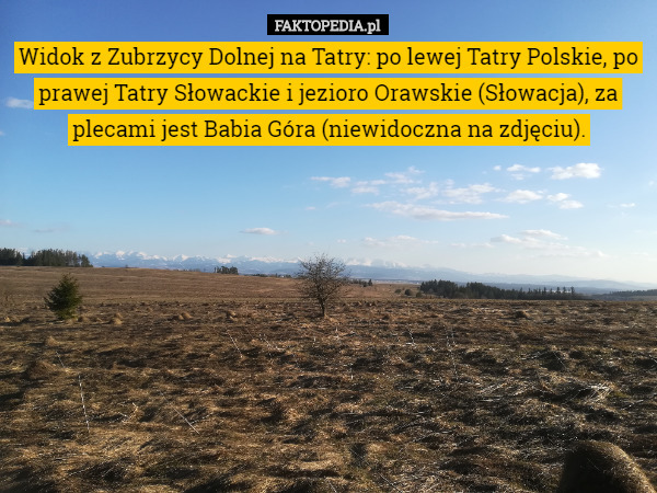 Widok z Zubrzycy Dolnej na Tatry: po lewej Tatry Polskie, po prawej Tatry Słowackie i jezioro Orawskie (Słowacja), za plecami jest Babia Góra (niewidoczna na zdjęciu). 