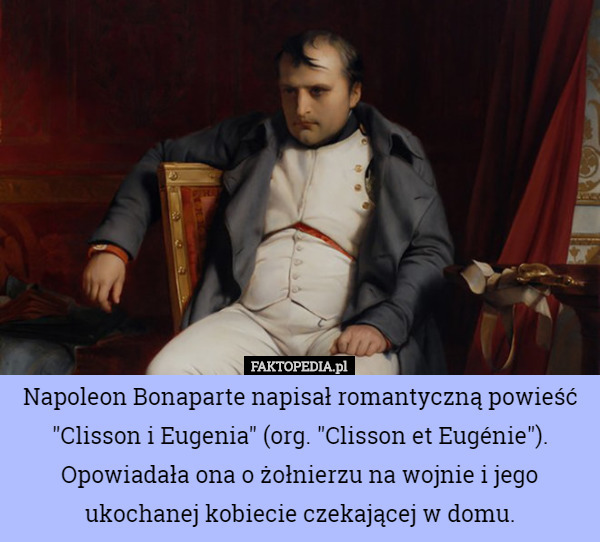 Napoleon Bonaparte napisał romantyczną powieść "Clisson i Eugenia" (org. "Clisson et Eugénie"). Opowiadała ona o żołnierzu na wojnie i jego ukochanej kobiecie czekającej w domu. 