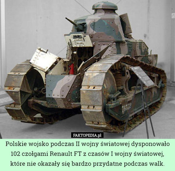 Polskie wojsko podczas II wojny światowej dysponowało 102 czołgami Renault FT z czasów I wojny światowej, które nie okazały się bardzo przydatne podczas walk. 