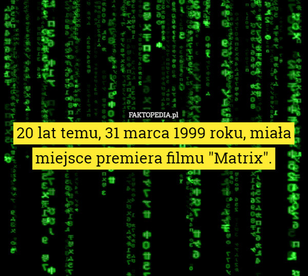 20 lat temu, 31 marca 1999 roku, miała miejsce premiera filmu "Matrix". 