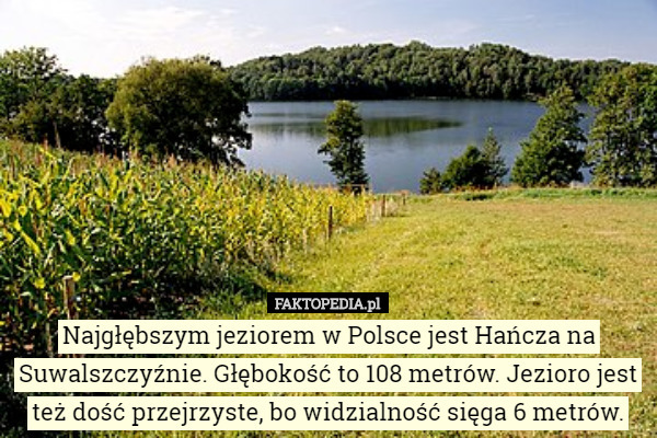 Najgłębszym jeziorem w Polsce jest Hańcza na Suwalszczyźnie. Głębokość to 108 metrów. Jezioro jest też dość przejrzyste, bo widzialność sięga 6 metrów. 