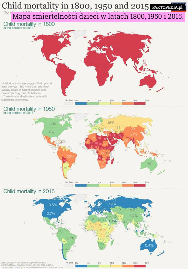 Mapa śmiertelności dzieci w latach 1800, 1950 i 2015. 