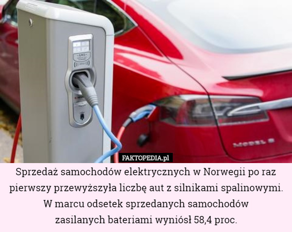 Sprzedaż samochodów elektrycznych w Norwegii po raz pierwszy przewyższyła liczbę aut z silnikami spalinowymi.
W marcu odsetek sprzedanych samochodów
 zasilanych bateriami wyniósł 58,4 proc. 