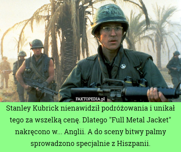 Stanley Kubrick nienawidził podróżowania i unikał tego za wszelką cenę. Dlatego "Full Metal Jacket" nakręcono w... Anglii. A do sceny bitwy palmy sprowadzono specjalnie z Hiszpanii. 
