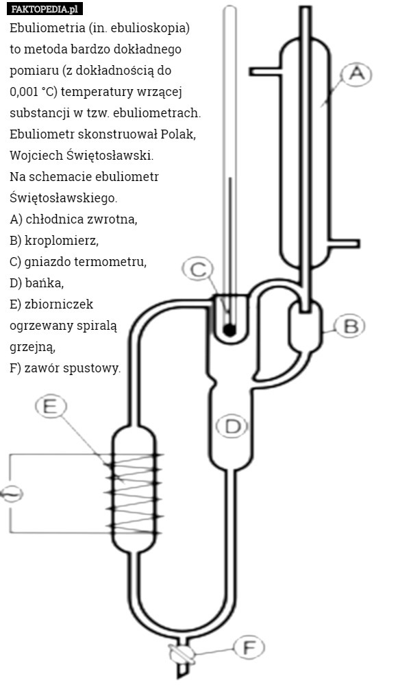 Ebuliometria (in. ebulioskopia) 
to metoda bardzo dokładnego 
pomiaru (z dokładnością do 
0,001 °C) temperatury wrzącej 
substancji w tzw. ebuliometrach. 
Ebuliometr skonstruował Polak, 
Wojciech Świętosławski.
Na schemacie ebuliometr 
Świętosławskiego. 
A) chłodnica zwrotna, 
B) kroplomierz, 
C) gniazdo termometru, 
D) bańka, 
E) zbiorniczek 
ogrzewany spiralą 
grzejną, 
F) zawór spustowy. 