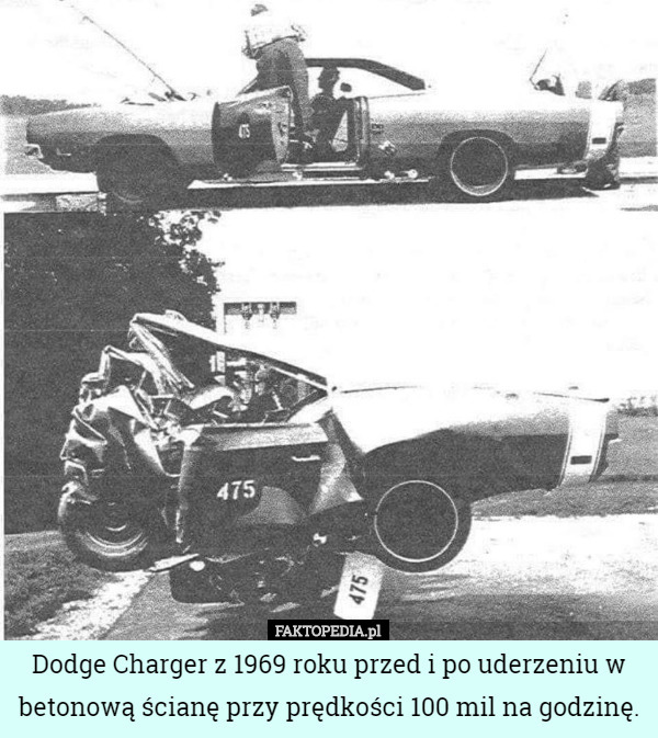 Dodge Charger z 1969 roku przed i po uderzeniu w betonową ścianę przy prędkości 100 mil na godzinę. 