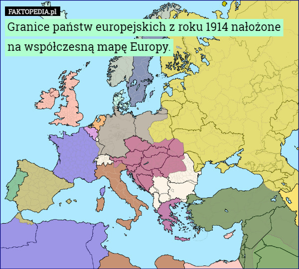 Granice państw europejskich z roku 1914 nałożone na współczesną mapę Europy. 