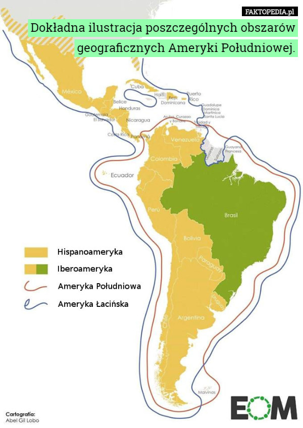 Dokładna ilustracja poszczególnych obszarów geograficznych Ameryki Południowej. 