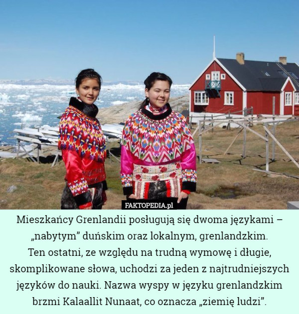 Mieszkańcy Grenlandii posługują się dwoma językami – „nabytym” duńskim oraz lokalnym, grenlandzkim.
 Ten ostatni, ze względu na trudną wymowę i długie, skomplikowane słowa, uchodzi za jeden z najtrudniejszych języków do nauki. Nazwa wyspy w języku grenlandzkim brzmi Kalaallit Nunaat, co oznacza „ziemię ludzi”. 