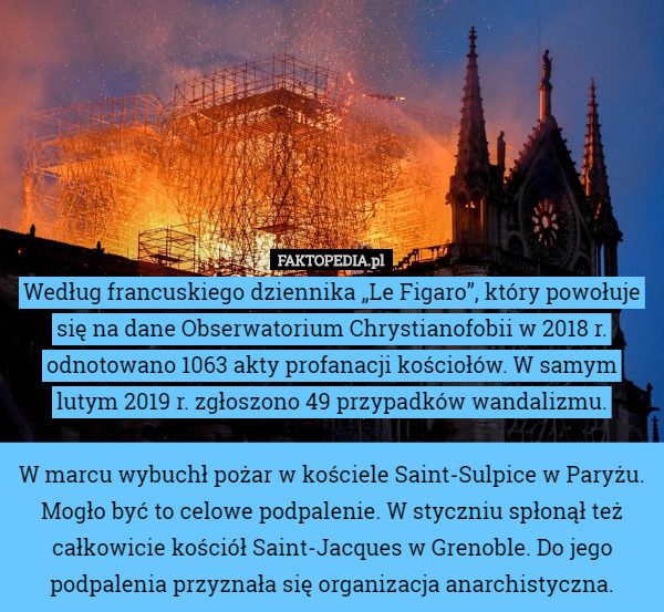 Według francuskiego dziennika „Le Figaro”, który powołuje się na dane Obserwatorium Chrystianofobii w 2018 r. odnotowano 1063 akty profanacji kościołów. W samym lutym 2019 r. zgłoszono 49 przypadków wandalizmu.

W marcu wybuchł pożar w kościele Saint-Sulpice w Paryżu. Mogło być to celowe podpalenie. W styczniu spłonął też całkowicie kościół Saint-Jacques w Grenoble. Do jego podpalenia przyznała się organizacja anarchistyczna. 