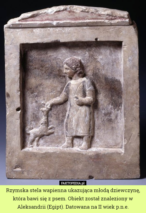 Rzymska stela wapienna ukazująca młodą dziewczynę, która bawi się z psem. Obiekt został znaleziony w Aleksandrii (Egipt). Datowana na II wiek p.n.e. 
