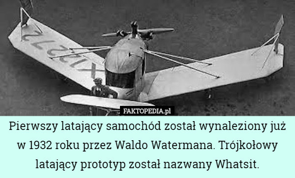Pierwszy latający samochód został wynaleziony już w 1932 roku przez Waldo Watermana. Trójkołowy latający prototyp został nazwany Whatsit. 