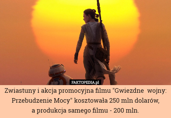 Zwiastuny i akcja promocyjna filmu "Gwiezdne  wojny: Przebudzenie Mocy" kosztowała 250 mln dolarów,
 a produkcja samego filmu - 200 mln. 