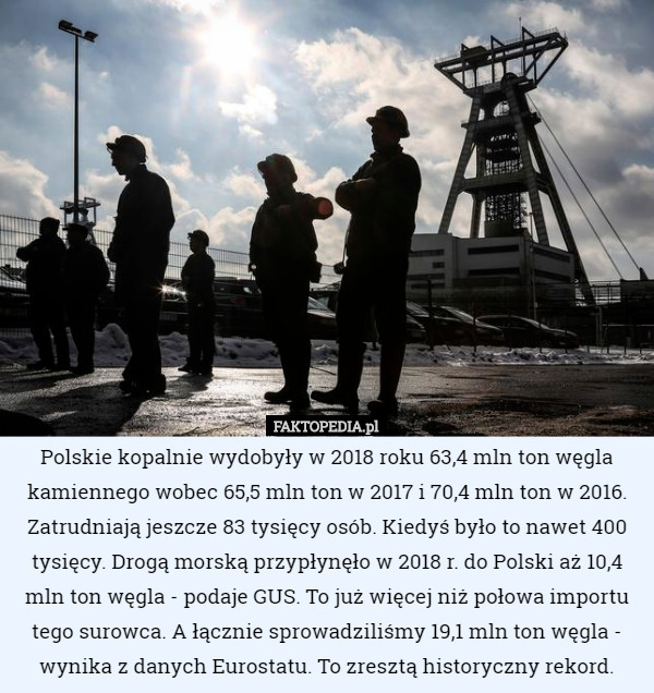 Polskie kopalnie wydobyły w 2018 roku 63,4 mln ton węgla kamiennego wobec 65,5 mln ton w 2017 i 70,4 mln ton w 2016. Zatrudniają jeszcze 83 tysięcy osób. Kiedyś było to nawet 400 tysięcy. Drogą morską przypłynęło w 2018 r. do Polski aż 10,4 mln ton węgla - podaje GUS. To już więcej niż połowa importu tego surowca. A łącznie sprowadziliśmy 19,1 mln ton węgla - wynika z danych Eurostatu. To zresztą historyczny rekord. 
