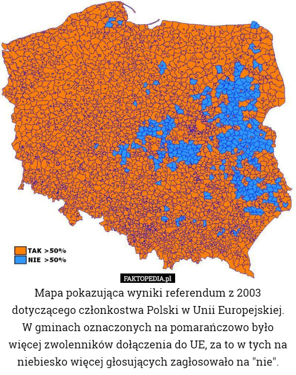 Mapa pokazująca wyniki referendum z 2003 dotyczącego członkostwa Polski w Unii Europejskiej.
W gminach oznaczonych na pomarańczowo było więcej zwolenników dołączenia do UE, za to w tych na niebiesko więcej głosujących zagłosowało na "nie". 